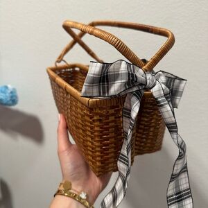 Woven Rattan Utensil Silverware Basket with Black & White Plaid Bow